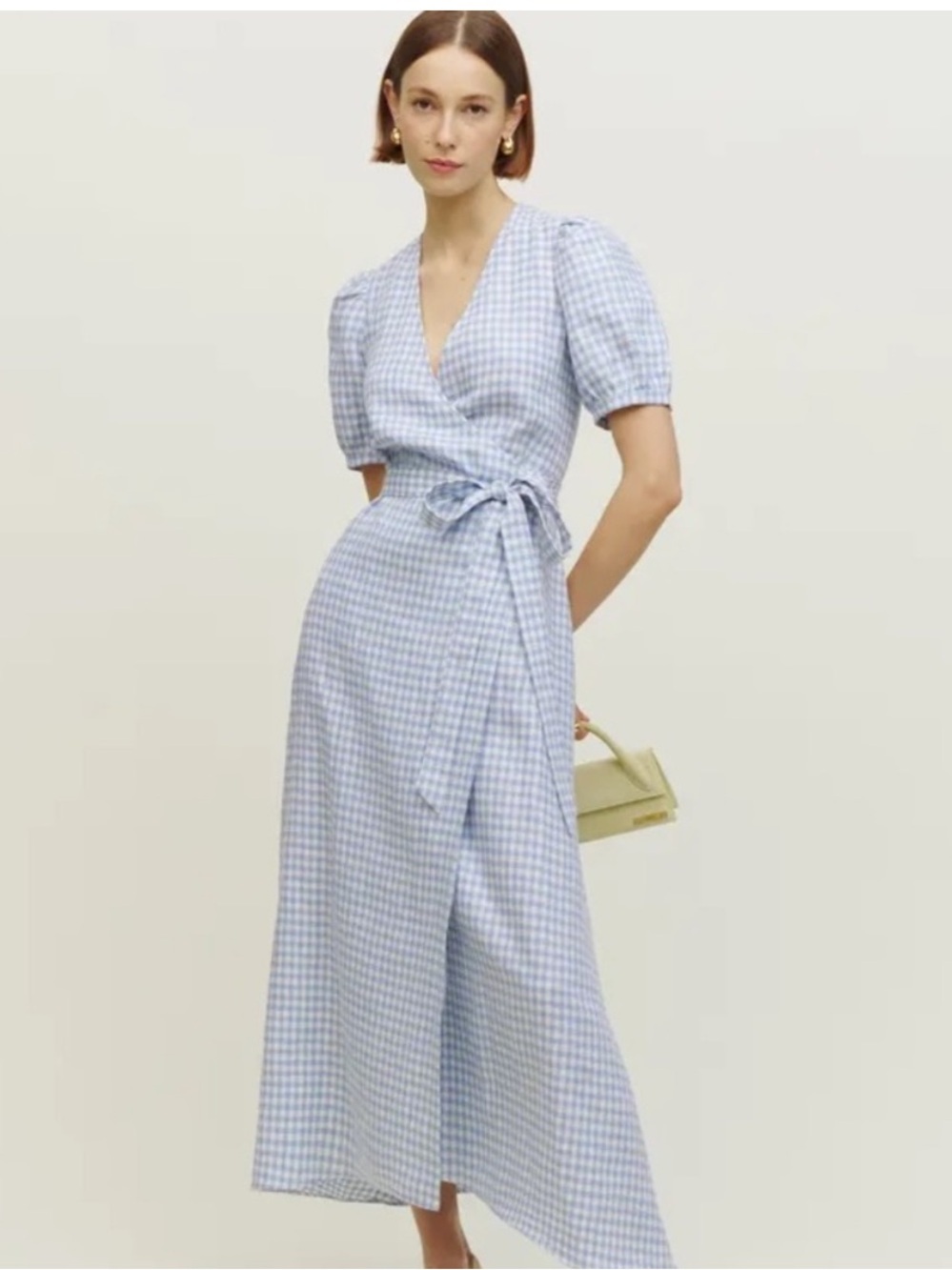 Reformation Weiss Linen Wrap Long Midi Dress Light Blue Gingham Size S